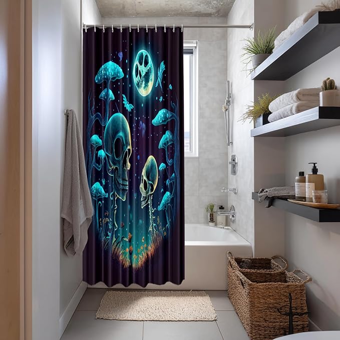Shrahala Happy Halloween Funny Decorative Shower Curtain, Skeletons Grass Mushrooms Starry Sky Bathroom Décor Polyester Fiber Waterproof with Plastic Rings for Shower Stall Bathtubs 72 x 72 in