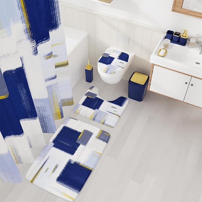 XLHOMO Bathroom Accessories Set - 25PC Bathroom Set with Shower Curtain and Rugs, Blue Bathroom Set, Bathroom Accessory Set with Press-on Lid Trash Can, Soap Dispenser and Qtip Holders