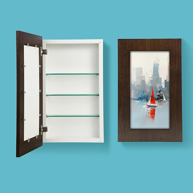 Concealed Medicine Cabinet 14×24 Recessed, Picture Frame Medicine Cabinet, Farmhouse Espresso Wood Frame, 3 Shelves, 100% Handmade, Fully Assembled Wall Niche Insert For Bathroom, Bedroom and Hallway