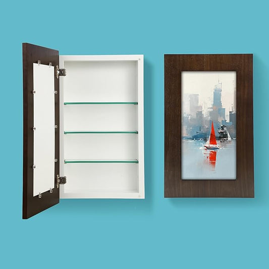 Concealed Medicine Cabinet 14×24 Recessed, Picture Frame Medicine Cabinet, Farmhouse Espresso Wood Frame, 3 Shelves, 100% Handmade, Fully Assembled Wall Niche Insert For Bathroom, Bedroom and Hallway