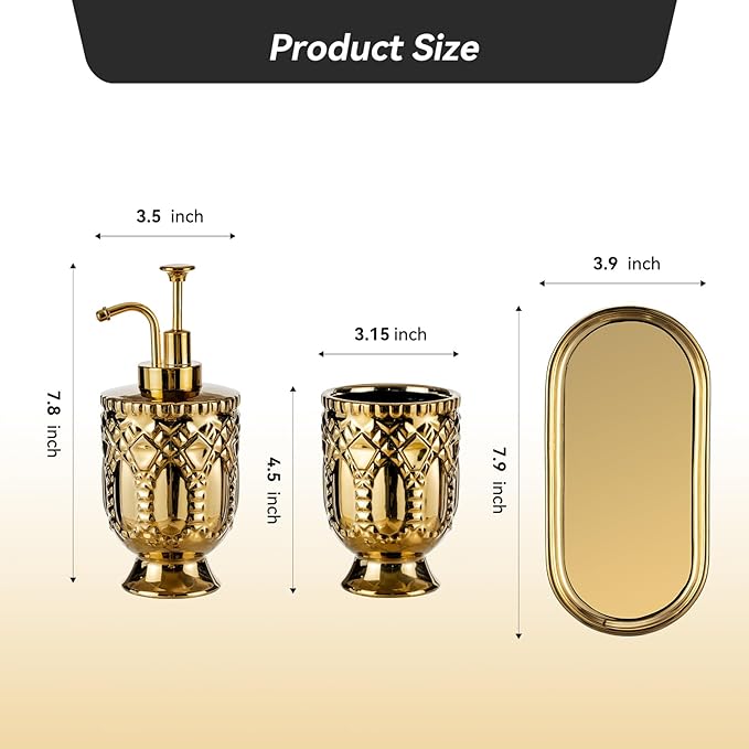 Gold Bathroom Accessories, 3pcs Ceramic Bathroom Set with Toothbrush Holder,Soap Dispenser, Bathroom Tray, Complete Bathroom Decor and Acessories Set