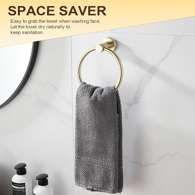 BGL 2-Pack Brushed Gold Towel Rings for Bathroom, 304 Stainless Steel Wall Mount Towel Holder Set, Rustproof Bath & Kitchen Accessories with Modern Matte Finish