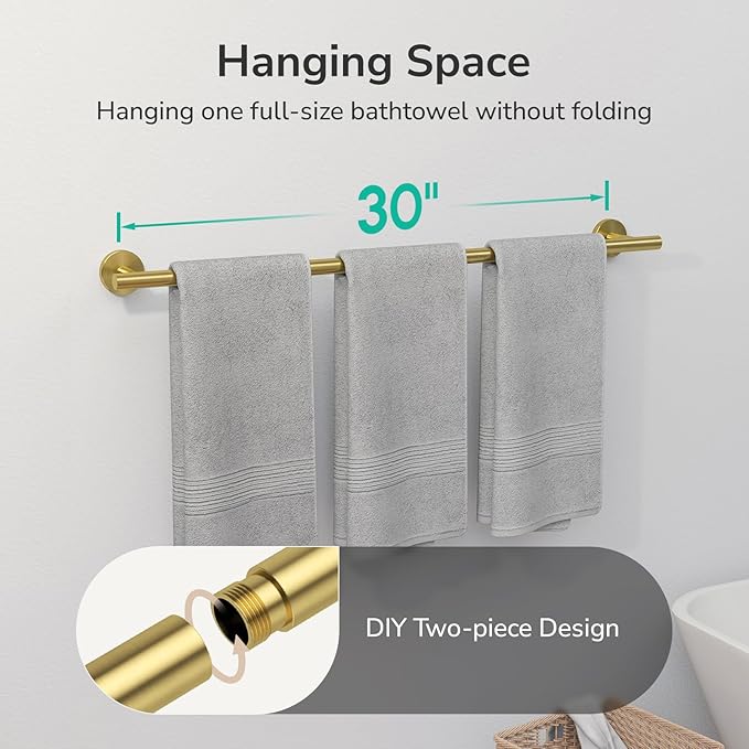 USHOWER Brushed Gold Bath Towel Bar, 30-Inch Towel Racks for Bathroom Wall-Mounted, SUS304 Stainless Steel Towel Rod (Total Length 32-Inch)