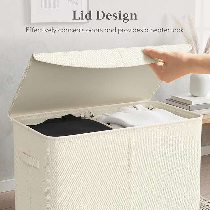 lifewit 137L Dual Laundry Hamper with Lid, 2 Compartments Tall Clothes Hamper with Easy Carry Bag and Handles, Foldable Laundry Bin for Dirty Clothes in Bathroom Bedroom, White