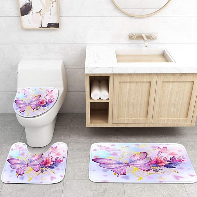 4 Piece Shower Curtain Set, Spring Summer Flowers Waterproof Bathroom Set Accessories with Non-Slip Rugs, Toilet Lid Cover Bath Mat and 12 Hooks, Watercolor Pink Butterfly Home Decor 72" x 72"