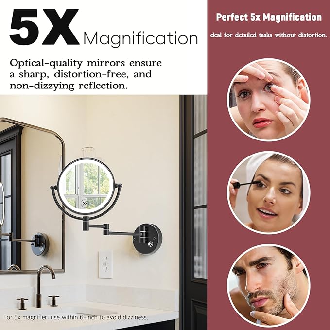 8" Hardwired Magnifying Mirror Wall Mounted with Lights, 1X/5X Double Sided 3-Colors LED Lighting Touch Dimming Extended Arm 360 Rotation Brass Makeup Vanity Mirror for Bathroom Matt Black