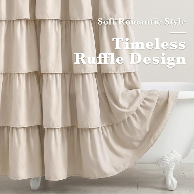Seasonwood Small Beige Ruffle Shower Curtain Natura Farmhouse Vintage Handcrafted Rustic Decorative Fabric Shower Curtains for Bathroom, 36"x72"