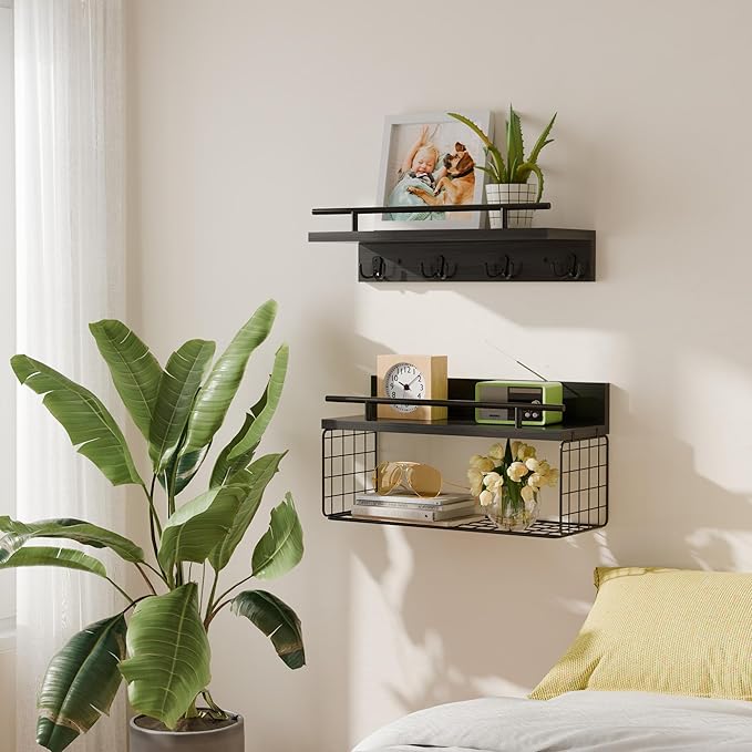 Floating Shelves - Black Bathroom Shelves Over Toilet, Set of 2 Wall Shelves with Basket and Hooks