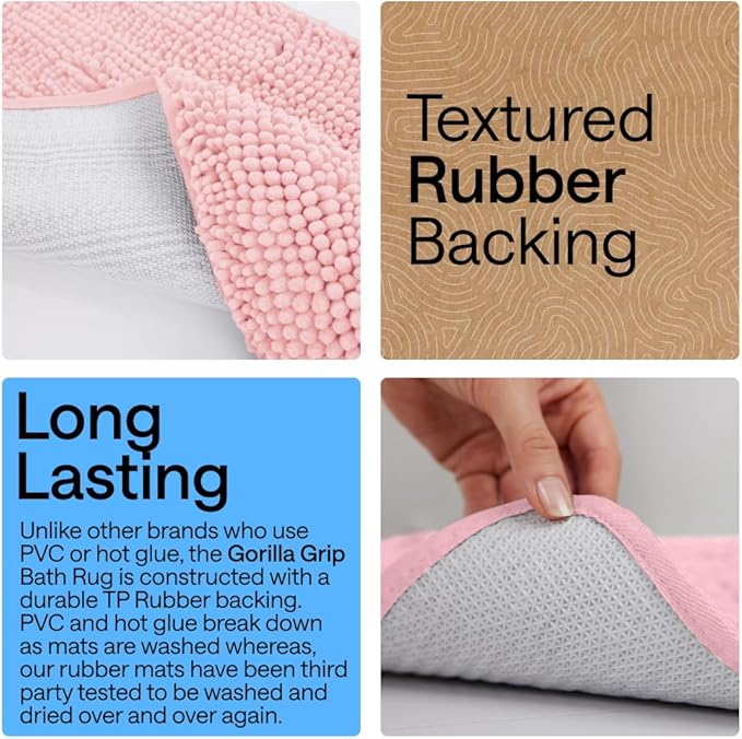 GORILLA GRIP Plush Absorbent Shaggy Chenille Bath Rug Mat for Oval Toilet Base with Rubber Backing, Machine Washable Rugs, Soft Microfiber Contour Mats for Toilets, Bathroom Decor, Lt Pink