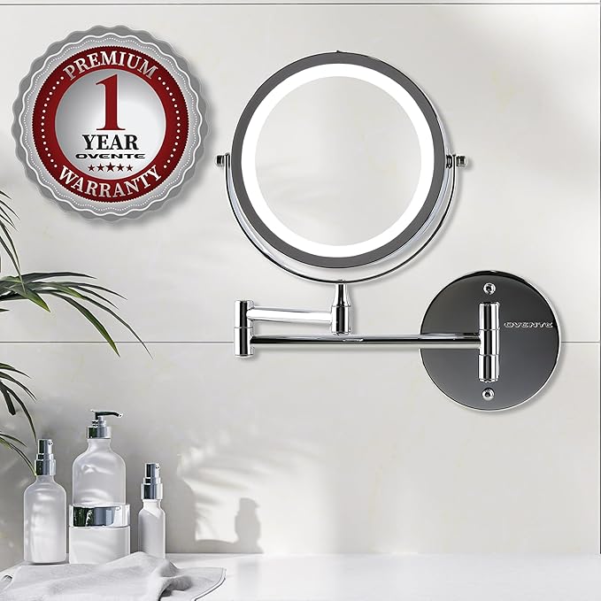 OVENTE Wall Mounted Lighted Makeup Mirror, 7" Double Sided 1X/10X Magnifying Vanity Mirror for Bathroom with LED Lights, Cordless, 360° Rotation and 13" Extendable Arm, Polished Chrome MFW70CH1X10X