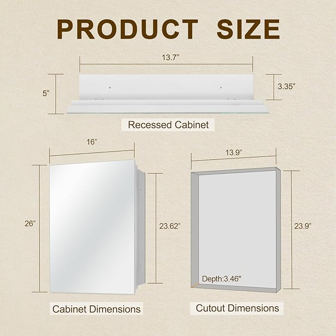 16x26 Bathroom Mirror with Storage,Recessed & Surface Mount Medicine Cabinet, Frameless Bathroom Cabinet with Mirror, Wall Mounted Mirror Cabinet for Bathroom, Modern Sleek Design