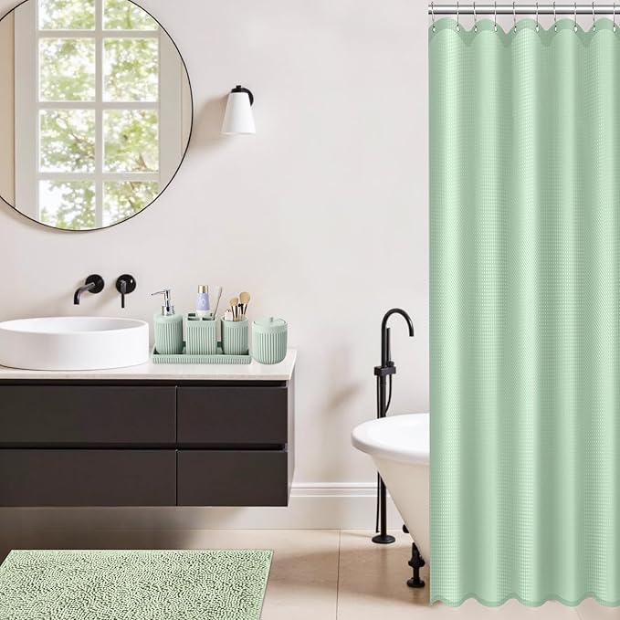XLHOMO Light Green Bathroom Sets with Shower Curtain and Rugs, 8-Piece Resin Bathroom Accessories Sets Complete, Soap Dispenser, Toothbrush Holder, Tumbler, Tray & Apothecary Jars Bathroom Essentials