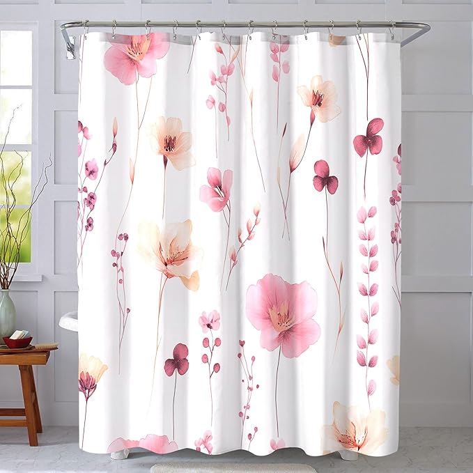 Pink Floral Shower Curtain, Watercolor Flower Shower Curtains for Bathroom, Modern Minimalist Waterproof Fabric Bath Decoration 72x72 Inch