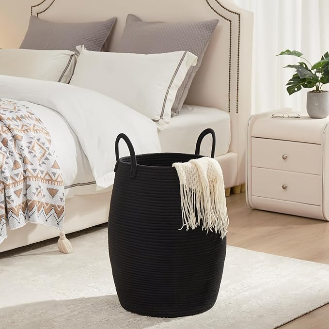 Fiona's magic 105L Extra Large Laundry Hamper Basket, Woven Tall Clothes Hamper for Storage Blanket, Toys and Dirty Cothes in Bedroom and Living Room Organizer, Black