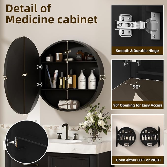 28 x 28 Inch Round Medicine Cabinet with Mirror,Black Circular Bathroom Cabinet Wall Mounted,Metal Framed Mirror Medicine Cabinet with Adjustable Shelves for Bathroom Vanity