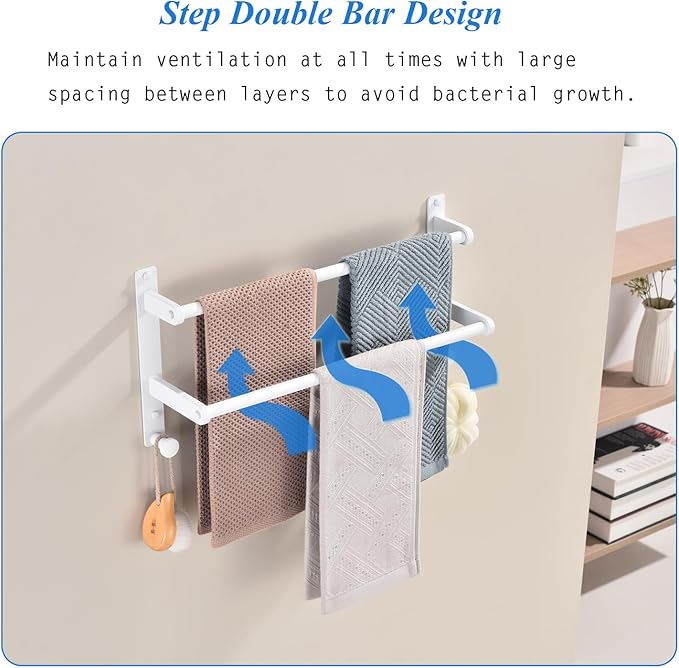 18-Inch Double Towel Rack with Hooks - Space Saving Towel Bar for Bathroom, Stainless Steel Towel Holder, White Finished