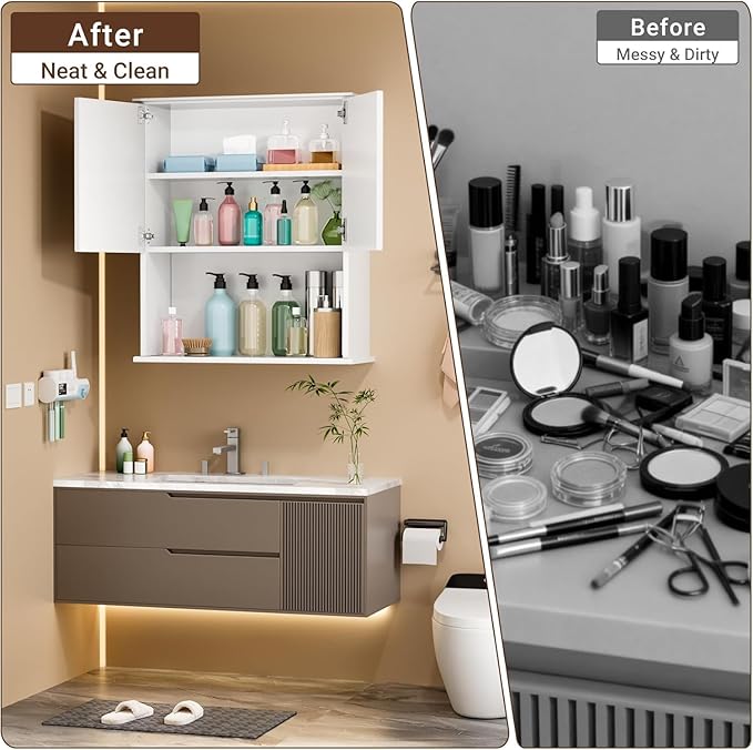Bathroom Wall Cabinet Wooden with 2 Doors,Over the Toilet Storage Cabinet,Bathroom and Laundry Wall Mount Storage Medicine Cabinet with Open and Adjustable Shelf,Easy Assembly (Style A (1 PC), White)