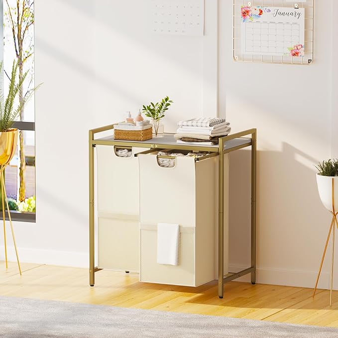 Huhote Laundry Hamper, double Laundry Basket, Laundry Sorter with Top Shelf & 2 Removable Washable Bags & Side Pockets for Laundry Room organization, Bathroom and Dorm, Gold and White