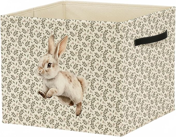 Easter Bunny Storage Bin Box with Handles, Cottagecore Botanical Rabbit Foldable Baskets Organizer for Kids Girls Room Nursery Bathroom Home Clothes Toys Books, Toybox for Girls