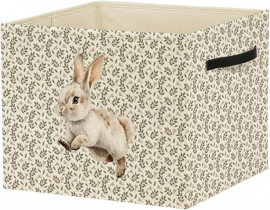 Easter Bunny Storage Bin Box with Handles, Cottagecore Botanical Rabbit Foldable Baskets Organizer for Kids Girls Room Nursery Bathroom Home Clothes Toys Books, Toybox for Girls