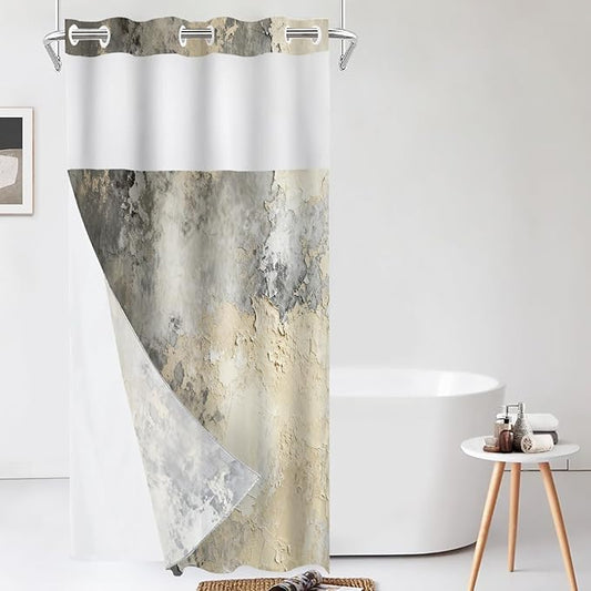 Shrahala Taupe Squares Texture No Hooks Shower Curtain with Snap in Liner Set, Grey and Beige Art Painting Bathroom Décor Polyester Fiber Waterproof for Stall Bathtubs 35.5 X 74 in