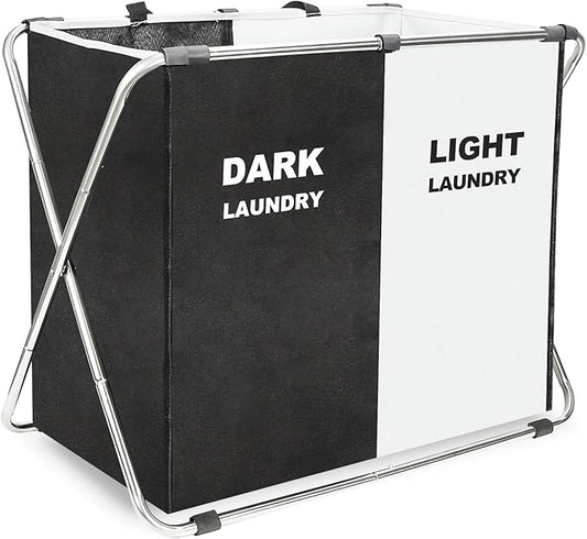 Laundry Cloth Hamper Sorter Basket Bin Foldable 2 Sections with stainless steel Frame Washing Storage Dirty Clothes Bag for Bathroom Bedroom Home Storage Basket (Black+white, 2 Sections)