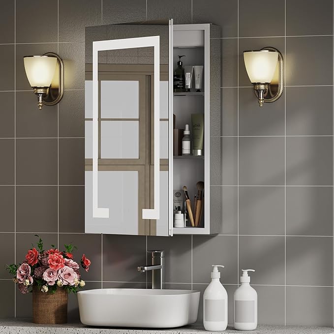 20x26 Inch Bathroom Medicine Cabinet with Mirror, Lighted Bathroom Mirror Cabinet, Recessed/Surface Mount Medicine Cabinet with Socket & USB, Anti-Fog, 3 Colors Temperature, Dimmable Light