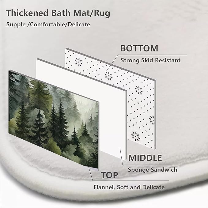 NBVKO 4Pcs Green Misty Forest Shower Curtain Set with 12 Hooks Non-Slip Rugs,Toilet Lid Cover and Bath Mat,Nature Tree Mountain Bathroom Decor for Hotel & Home Bathroom
