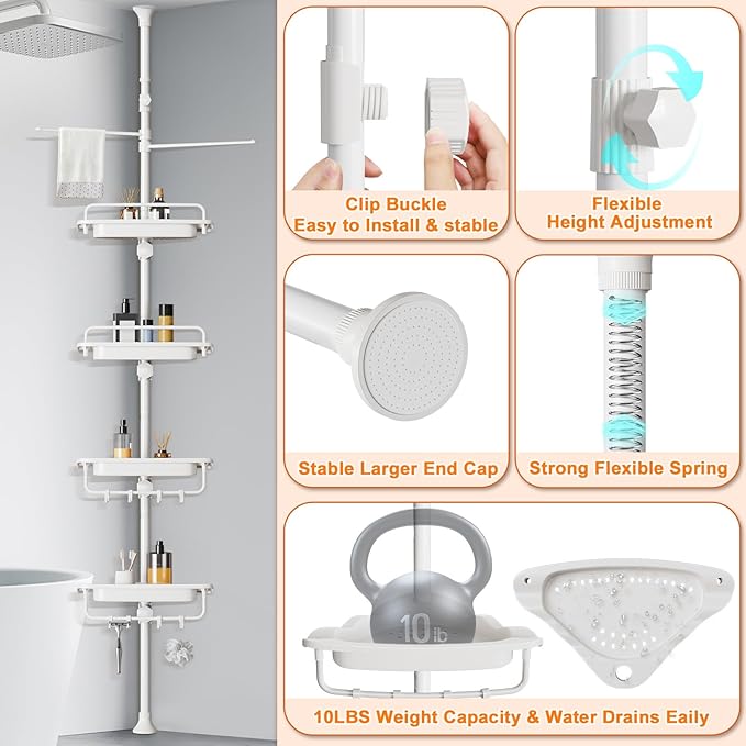Upgrade Sturdy Shower Caddy Tension Pole Quick Installation Corner Shower Shelves 18/8 Stainless Steel Rustproof 4 Tier Adjustable Shower Rack for Bathtub Shampoo Accessories Storage 32-122inch