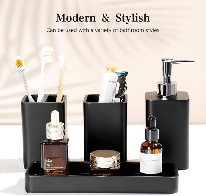 YMXYJM Bathroom Accessories Set, 4 Pcs Bathroom Accessory Set, Soap Dispenser, Toothbrush Holder, Qtip Holder Set, Bathroom Sets Complete, Bathroom Sink Set for Modern Home Decor, Black