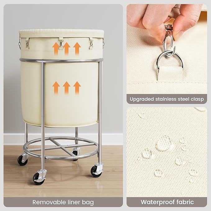 ELYKEN 190L Laundry Basket with Wheels, Large Rolling Laundry Hamper with Removable Liner Bag, Round Rolling Laundry Cart, Dirty Clothes Hamper for Hotel, Home, Closet, Dorm, Cream