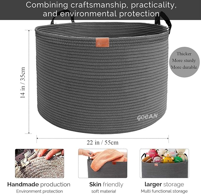 GOCAN Extra Large Storage Laundry Basket 22" X 22"X 14" Cotton Rope Woven Basket for Blanket Basket with Handles for Living Room Toys Storage XXXL (Dull grey)