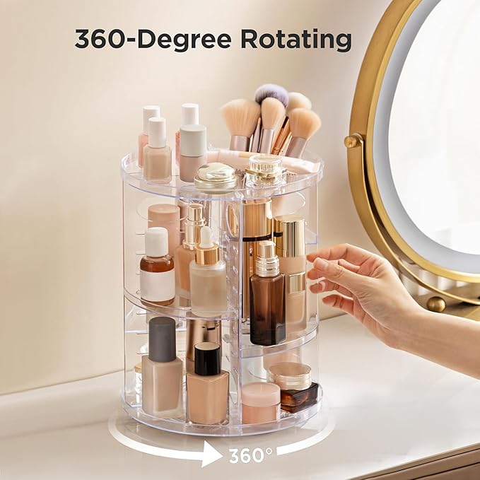 HBlife 360 Rotating Makeup Organizer Adjustable Carousel Small Capacity Revolving Perfume Organizer Skincare Organizers Cosmetic Storage Spinning Holder for Vanity, Clear