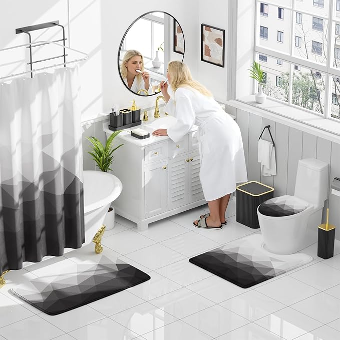 XLHOMO Bathroom Accessory Set - 26PC Bathroom Shower Curtain and Rug Set, Bathroom Accessories Set, Black Bathroom Set with Trash Can, Toilet Brush, Qtip Holder & Soap Dispenser
