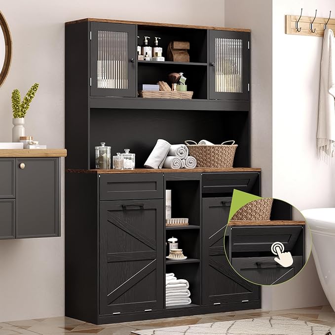 Tall Tilt-Out Double Laundry Hamper Cabinet with 2x11-Gallon Laundry Basket, Trash Bin Cabinet with Fluted Glass Doors, Farmhouse Wooden Bathroom Storage with Push Doors, Black and Walnut