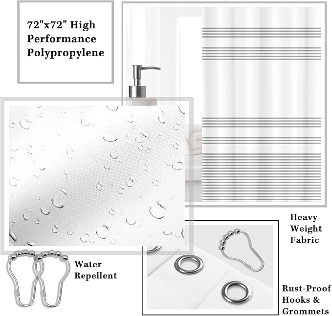 Britimes Bathroom Accessories Sets, White Shower Curtain Set with Trash Can, Soap Dispenser, Toilet Brush Holder, Toothbrush Holder and Toothbrush Cup for Bathroom Decor 72"*72"