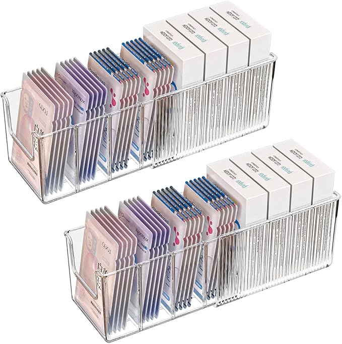 2 Pack Extendable Acrylic Makeup Organizer with Removable Dividers - Waterproof Bathroom Storage for Sheet Masks/Essences/Cosmetics, Clear Visible Design, Space-Saving Vanity Organizer