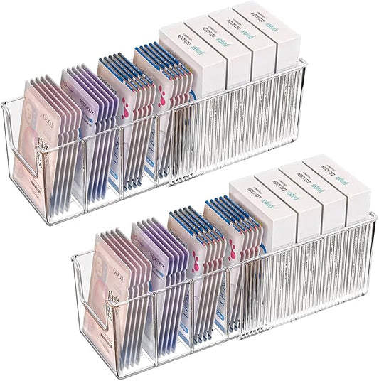 2 Pack Extendable Acrylic Makeup Organizer with Removable Dividers - Waterproof Bathroom Storage for Sheet Masks/Essences/Cosmetics, Clear Visible Design, Space-Saving Vanity Organizer