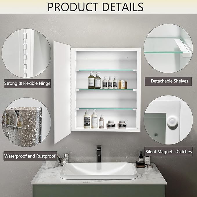 Bathroom Medicine Cabinet with 20x20 in Square Beveled Frameless Mirror,Wall Mounted Mirror Cabinet for Bathroom Toilet Kitchen,Recess or Surface Mount,Already Assembly