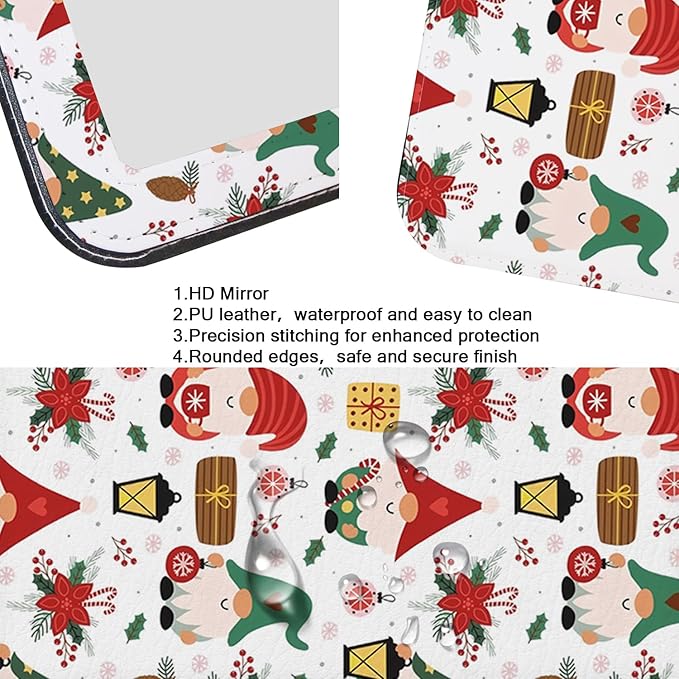 Folding Travel Mirror with Stand, 8.9"x 6.5" PU Leather Compact Desk Mirror, Adjustable 90°-180° Angle, Ultrathin Portable Hand Mirror for Travel, Camping, Office, Home (Santa Claus Design)