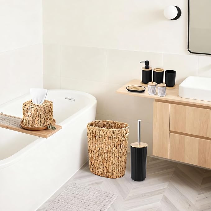 Bathroom Accessory Set, 10 Pieces Bath Set- Wicker Trash Can Tissue Box Soap Dish Toothbrush Holder Rinse Cup Lotion Bottle Toilet Brush Qtip Holder - Practical Bathroom Decor Sets (Ratten, Black)