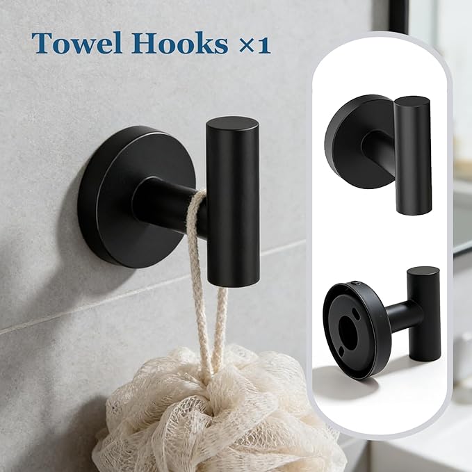 4-Pieces Wall Mount Bathroom Accessories Bathroom Hardware Set,23.6 Inch Stainless Steel Waterproof Towel Bars,Toilet Paper Holder with Shelf,Towel Ring,Coat Hook,Matte Black