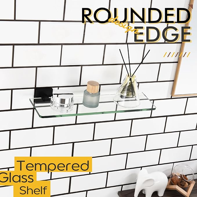 KOKOSIRI Bathroom Glass Shelf 16-Inch Tempered Glass Floating Shelves Shower Storage Kitchen Hanging Rack Wall Mount, Black Stainless Steel B1107BK-L16