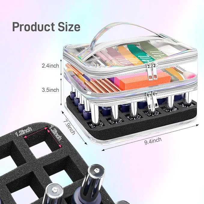 Beloving Nail Polish Organizer, Clear Double Tier Nail Storage Organizer Case Holds 30 Bottles, Portable PVC Nail Tech Bag with Dividers, Nail Polish Supplies Travel Case for Display