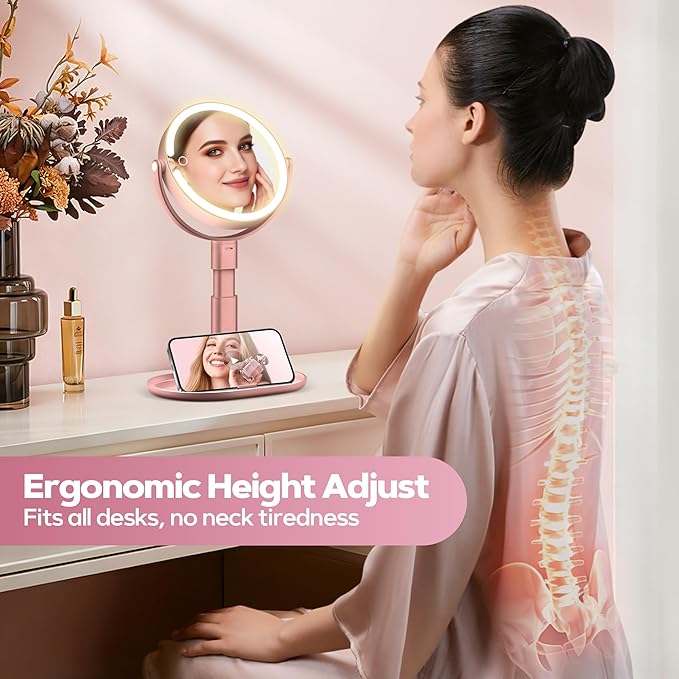 MOMOKUBA Makeup Mirror with Lights, 30X Magnifying & Height Adjustable, Lighted Magnifying Mirror with 3 Light Modes & Stepless Dimming, Vanity Mirrors for Bathroom, Birthday Gift for Women, Rosegold