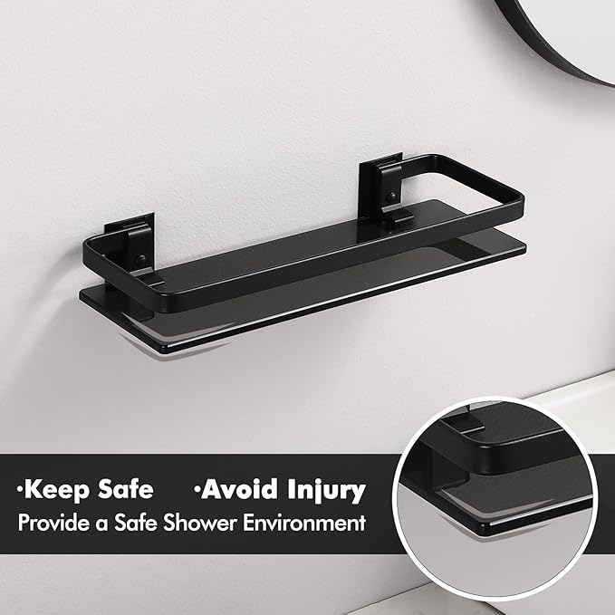 KES Aluminum Glass Bathroom Shelf, Black Extra Thick Tempered Glass Rectangular, 1 Tier Floating Shelf Wall Mounted, BGS4126A-BK