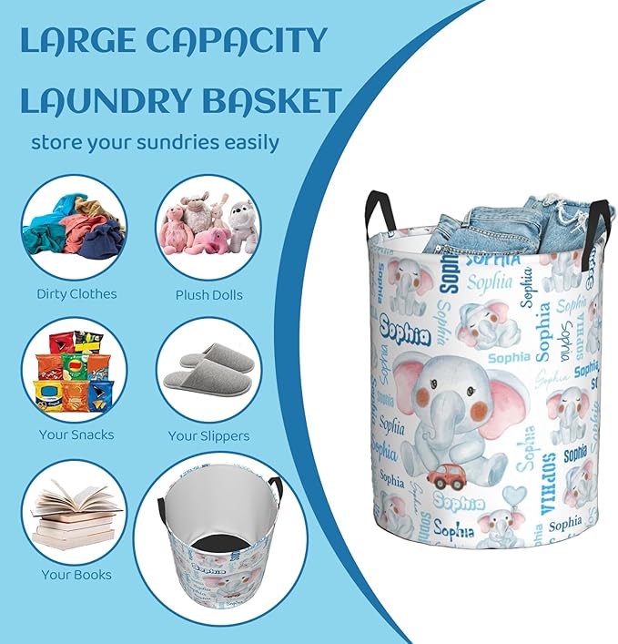Personalized Elephant laundry basket, Customizable cute Laundry Hampers, Custom name Laundry Hamper, Customized Elephant Hamper with name for Living Room Bedroom Bathroom Barbershop