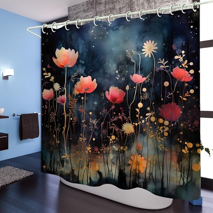 Bright Fabric Shower Curtains, Vintage Floral Theme Design Art Shower Curtains, Bathroom Decor Set, 12 Shower Curtain Hooks (72 "Wx72 L) Inch Waterproof Shower Curtain.