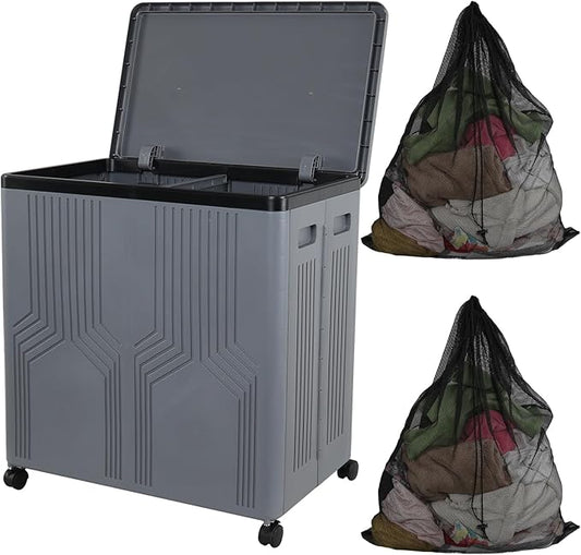 Morcte 120 L Double Laundry Hamper with Lid and Wheels, Collapsible 2 Section Plastic Laundry Hamper, Gray
