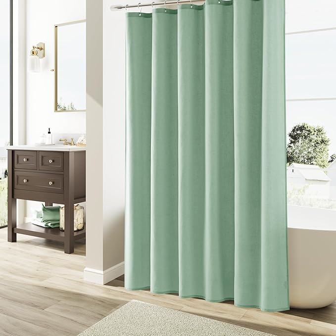 Naturoom Aqua Green Linen Shower Curtain, Country Boho Farmhouse Bath Decor Shower Curtains Neutral Cloth Weighted Textured Fabric Bath Curtain Liner with Hooks, 72x72